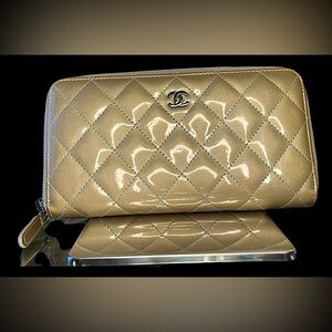 ♥️ Chanel Wallet Matelassé Gold Quilted Diamond Stitch Patent Leather Zip Around